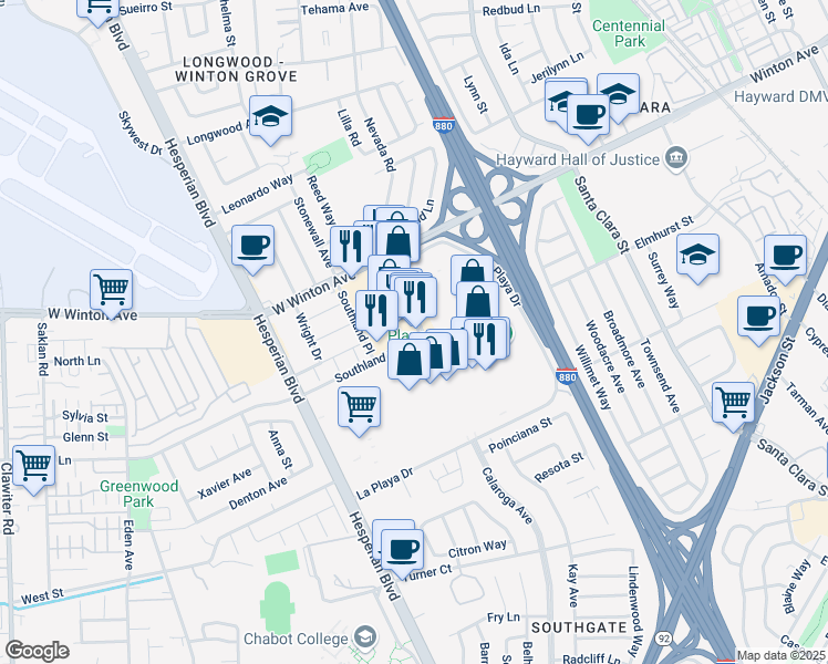 map of restaurants, bars, coffee shops, grocery stores, and more near 24333 Southland Drive in Hayward