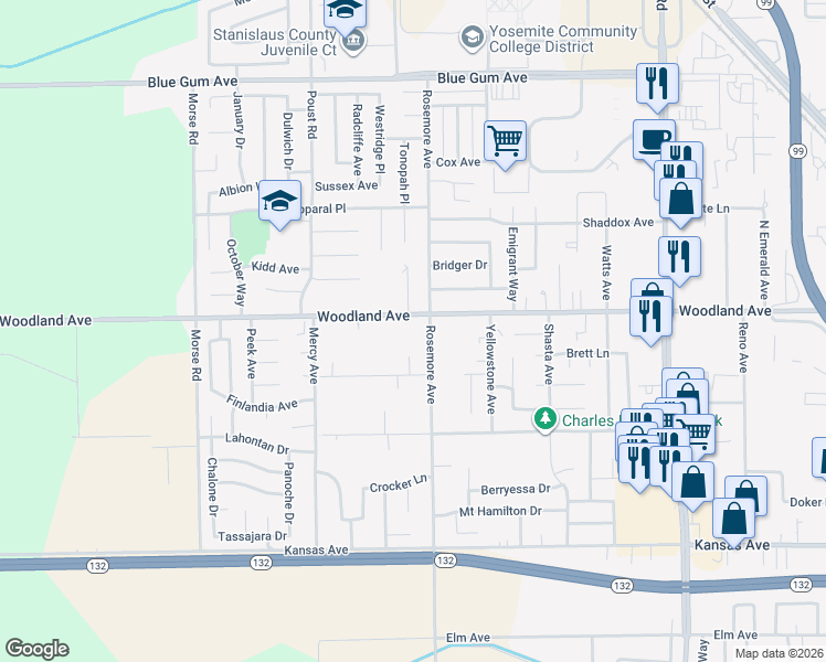 map of restaurants, bars, coffee shops, grocery stores, and more near 2218 Woodland Avenue in Modesto