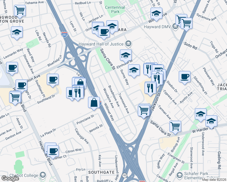 map of restaurants, bars, coffee shops, grocery stores, and more near 24678 Townsend Avenue in Hayward
