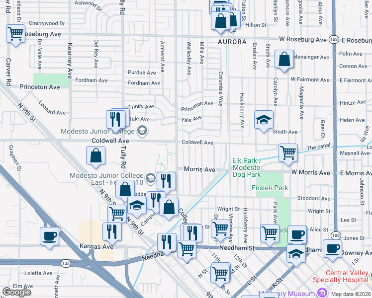 map of restaurants, bars, coffee shops, grocery stores, and more near 545 Myrtle Avenue in Modesto