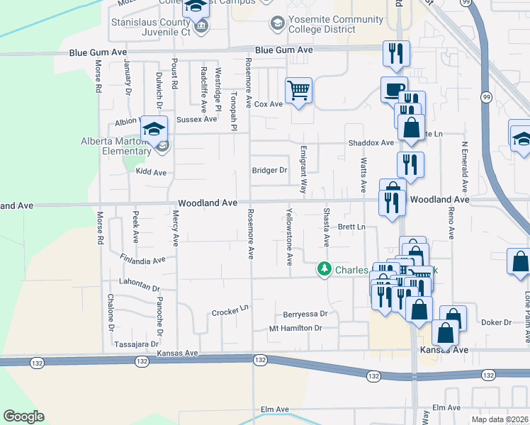 map of restaurants, bars, coffee shops, grocery stores, and more near 2118 Woodland Avenue in Modesto