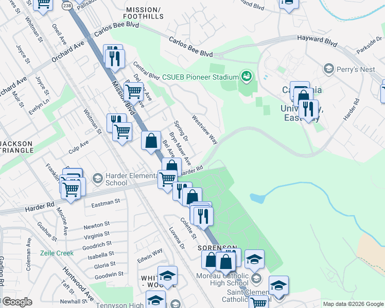 map of restaurants, bars, coffee shops, grocery stores, and more near 25901 Spring Drive in Hayward