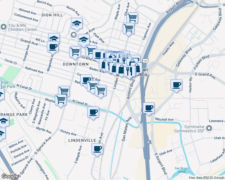 map of restaurants, bars, coffee shops, grocery stores, and more near 200 Village Way in South San Francisco