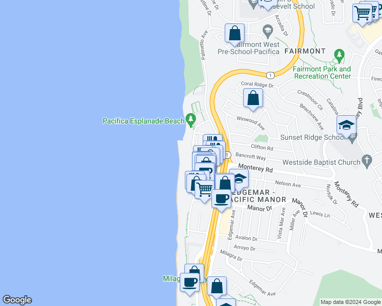 map of restaurants, bars, coffee shops, grocery stores, and more near 330 Esplanade Avenue in Pacifica