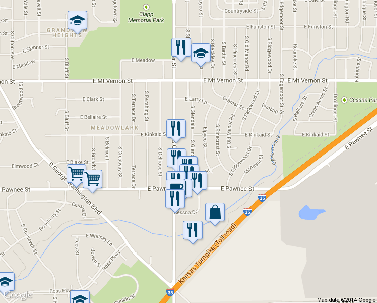 map of restaurants, bars, coffee shops, grocery stores, and more near 2224 Oliver in Wichita