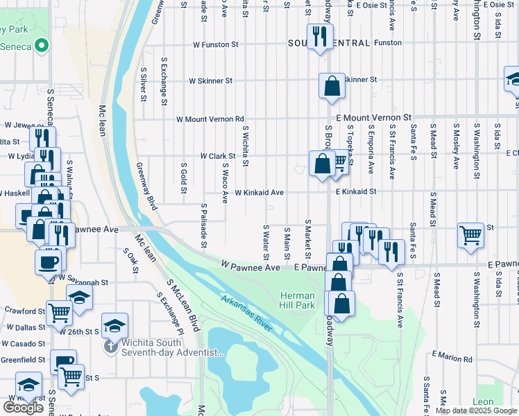 map of restaurants, bars, coffee shops, grocery stores, and more near 2207 South Water Street in Wichita