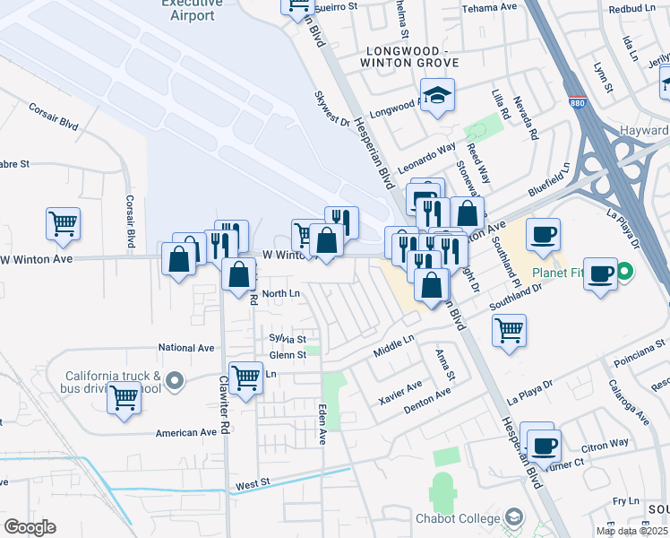 map of restaurants, bars, coffee shops, grocery stores, and more near 1214 West Winton Avenue in Hayward
