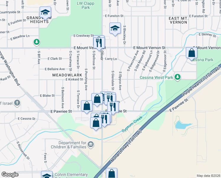 map of restaurants, bars, coffee shops, grocery stores, and more near 2224 Oliver in Wichita