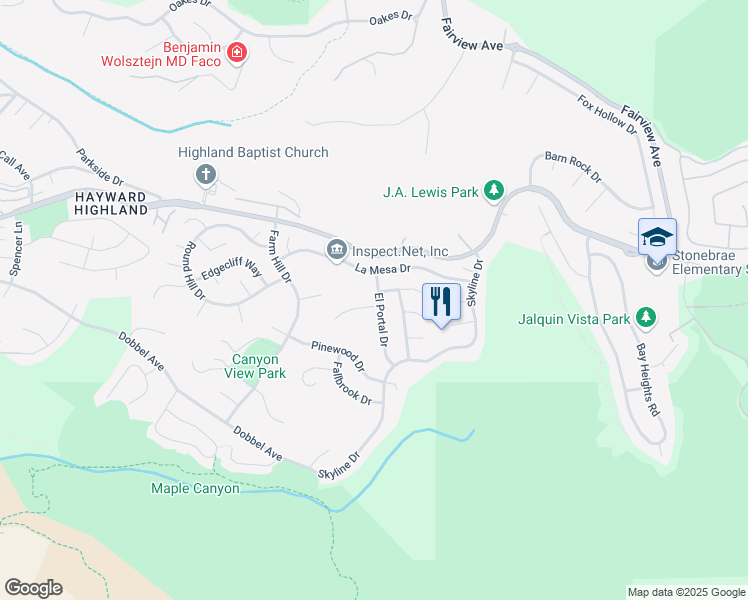 map of restaurants, bars, coffee shops, grocery stores, and more near 27957 El Portal Drive in Hayward