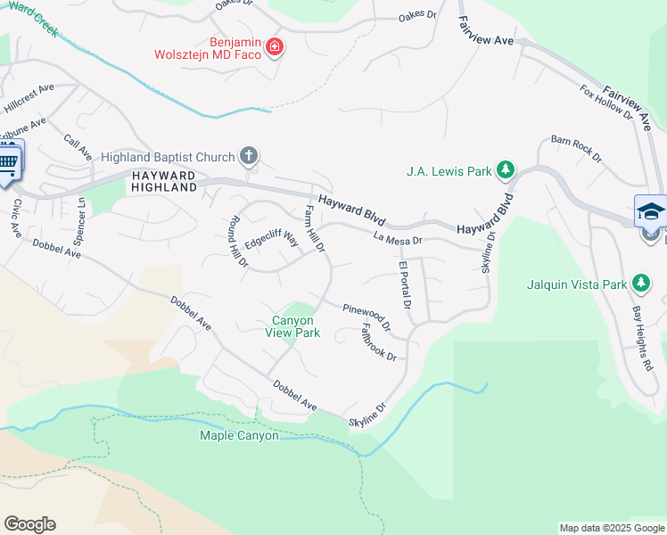 map of restaurants, bars, coffee shops, grocery stores, and more near Farm Hill Drive & Big Oak Court in Hayward