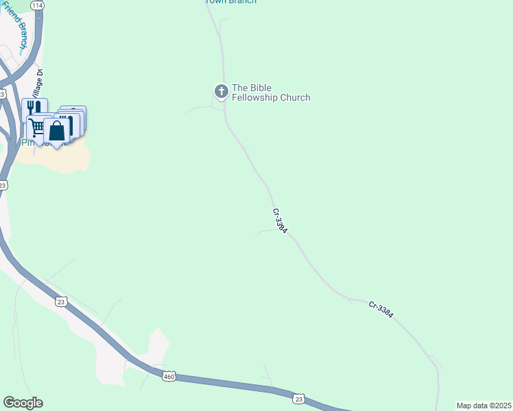 map of restaurants, bars, coffee shops, grocery stores, and more near Cr-3384 in Prestonsburg
