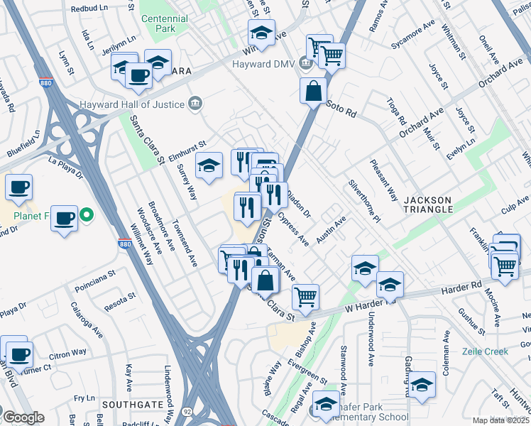 map of restaurants, bars, coffee shops, grocery stores, and more near 199 Jackson Street in Hayward