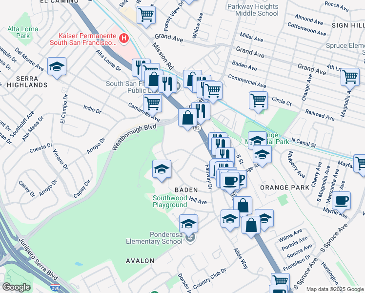 map of restaurants, bars, coffee shops, grocery stores, and more near 411 Fairway Dr in South San Francisco