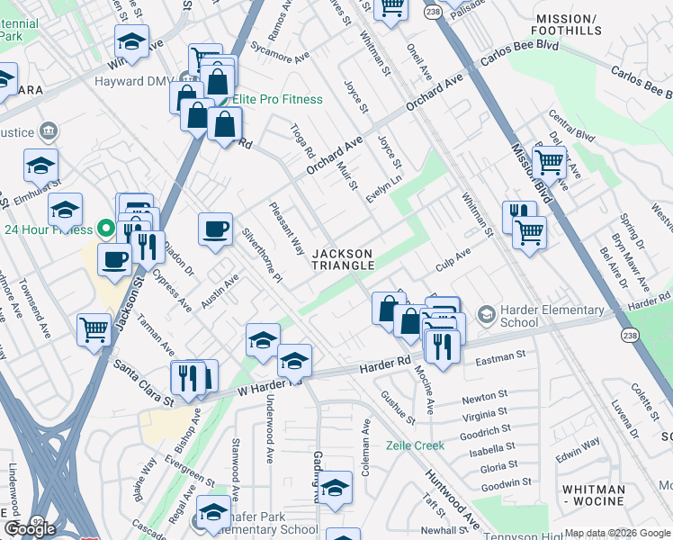 map of restaurants, bars, coffee shops, grocery stores, and more near 265 Berry Avenue in Hayward