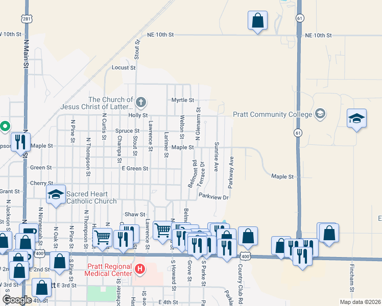 map of restaurants, bars, coffee shops, grocery stores, and more near 585 Belmont Road in Pratt
