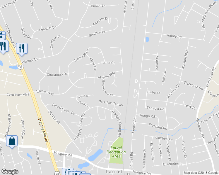 map of restaurants, bars, coffee shops, grocery stores, and more near 9900 Mistyview Court in Glen Allen