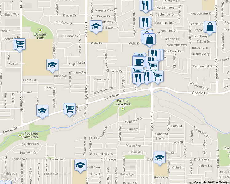 map of restaurants, bars, coffee shops, grocery stores, and more near 1912 Devonshire Avenue in Modesto