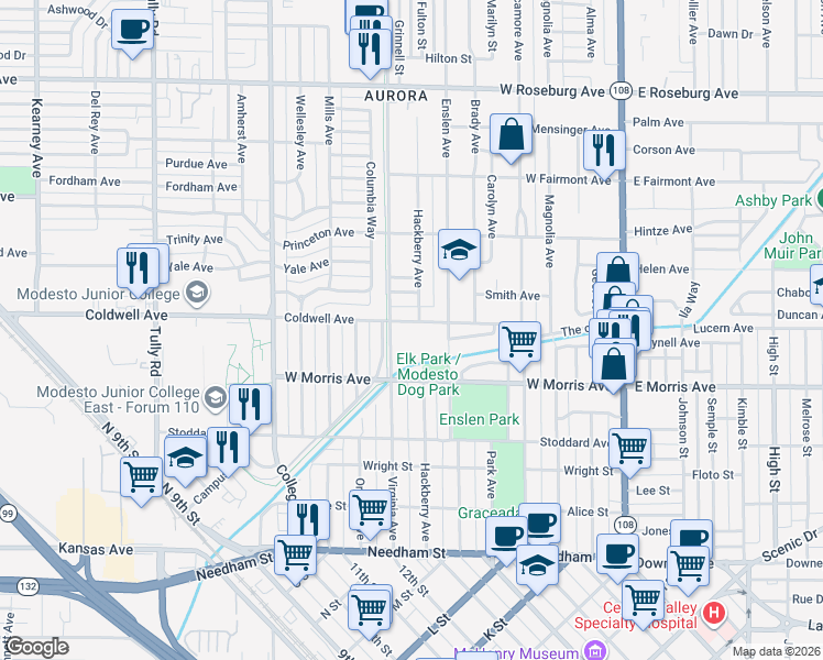 map of restaurants, bars, coffee shops, grocery stores, and more near 605 Hackberry Avenue in Modesto