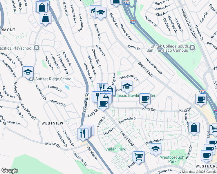 map of restaurants, bars, coffee shops, grocery stores, and more near 262A Shipley Avenue in Daly City
