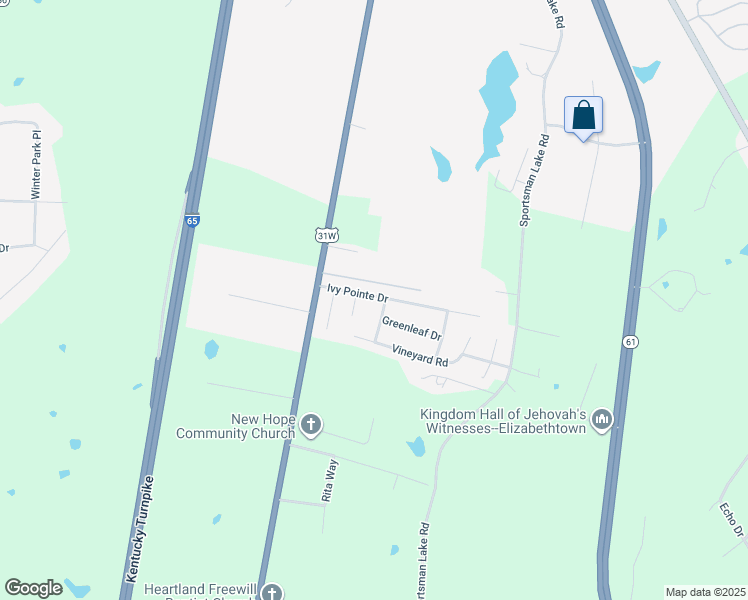 map of restaurants, bars, coffee shops, grocery stores, and more near 107 Ivy Pointe Drive in Elizabethtown