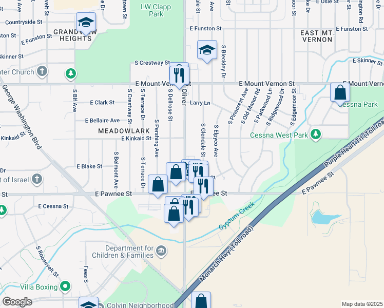 map of restaurants, bars, coffee shops, grocery stores, and more near 2224 Oliver in Wichita