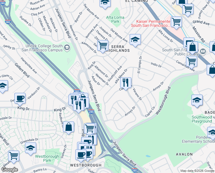 map of restaurants, bars, coffee shops, grocery stores, and more near 305 Newman Drive in South San Francisco