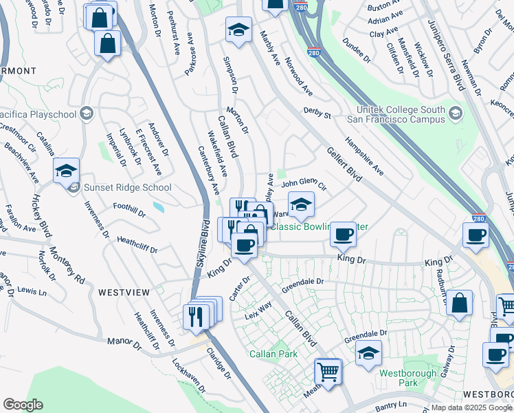 map of restaurants, bars, coffee shops, grocery stores, and more near 262A Shipley Avenue in Daly City