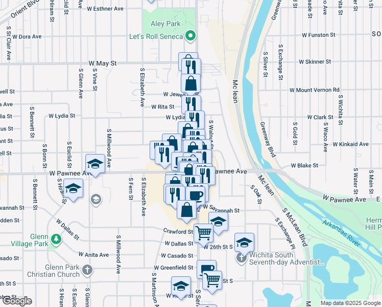 map of restaurants, bars, coffee shops, grocery stores, and more near 2325 South Seneca Street in Wichita