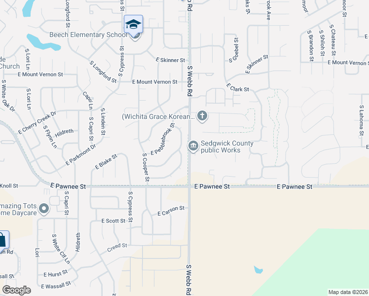 map of restaurants, bars, coffee shops, grocery stores, and more near 2211-2215 South Beech Street in Wichita