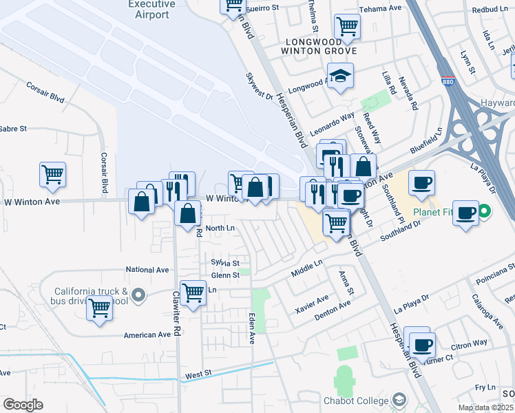 map of restaurants, bars, coffee shops, grocery stores, and more near 1214 West Winton Avenue in Hayward