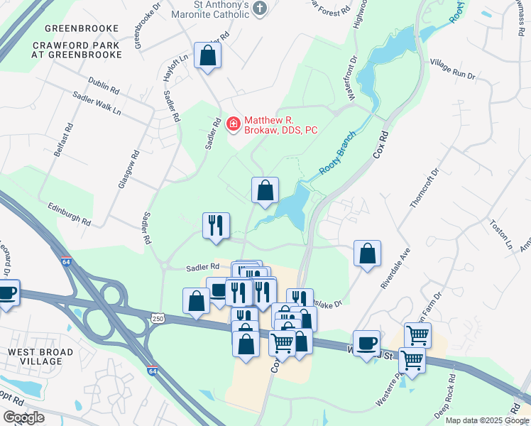 map of restaurants, bars, coffee shops, grocery stores, and more near 4325-4375 Dominion Boulevard in Glen Allen