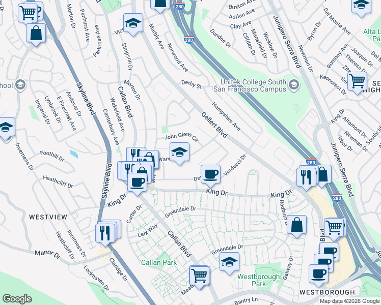 map of restaurants, bars, coffee shops, grocery stores, and more near 200 Warwick Street in Daly City
