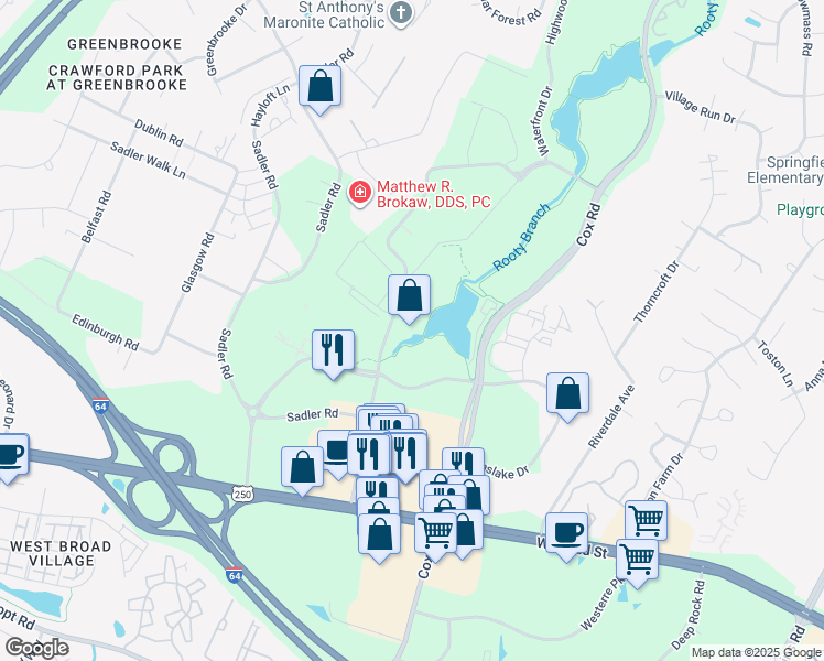 map of restaurants, bars, coffee shops, grocery stores, and more near 4325 Dominion Boulevard in Glen Allen