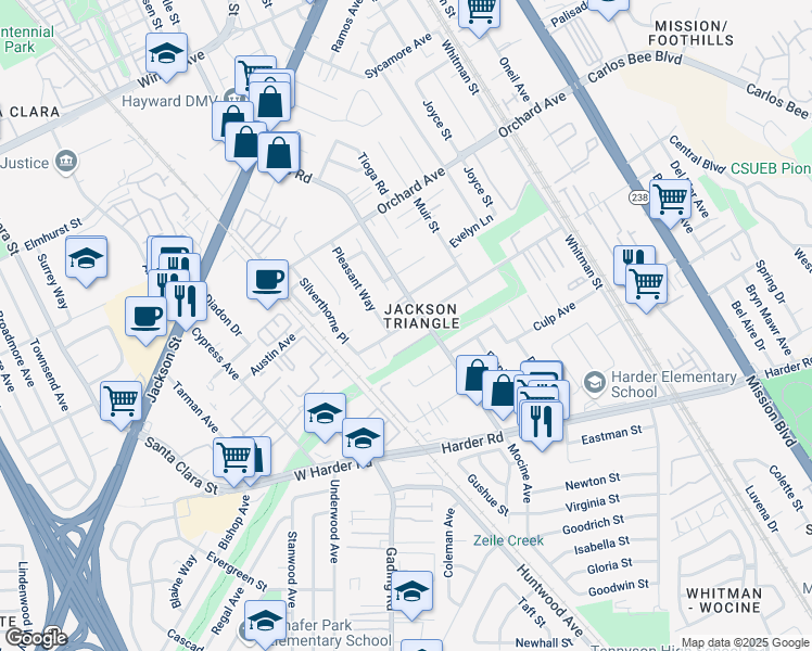 map of restaurants, bars, coffee shops, grocery stores, and more near 25185 Soto Road in Hayward