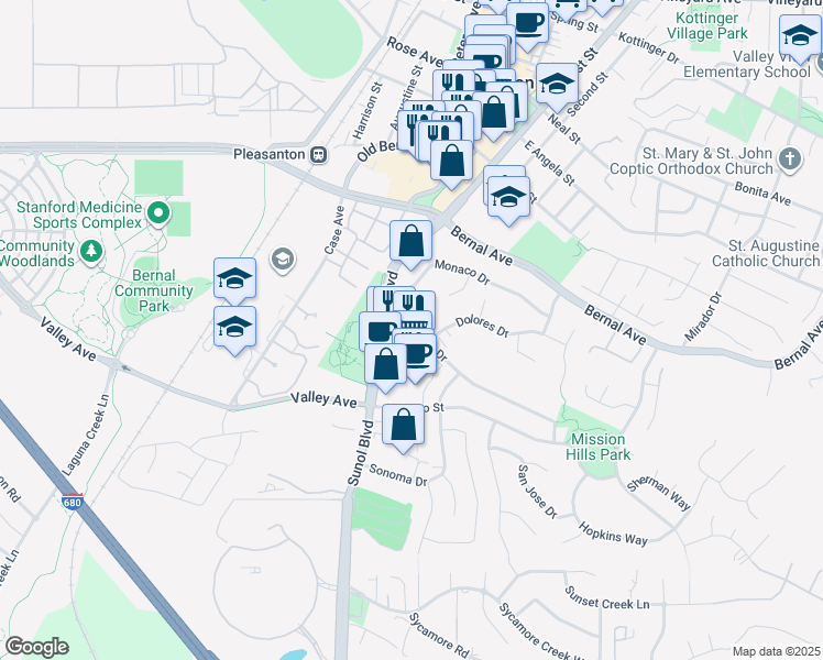 map of restaurants, bars, coffee shops, grocery stores, and more near 5280 Sunol Boulevard in Pleasanton