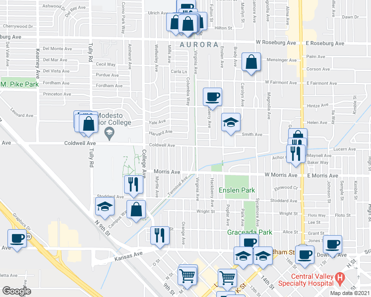 map of restaurants, bars, coffee shops, grocery stores, and more near 601 Virginia Avenue in Modesto