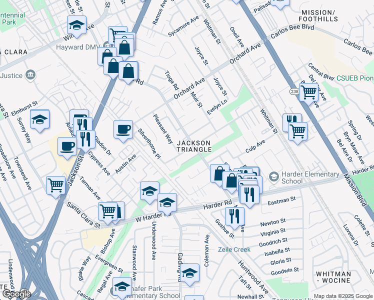 map of restaurants, bars, coffee shops, grocery stores, and more near 25185 Soto Road in Hayward