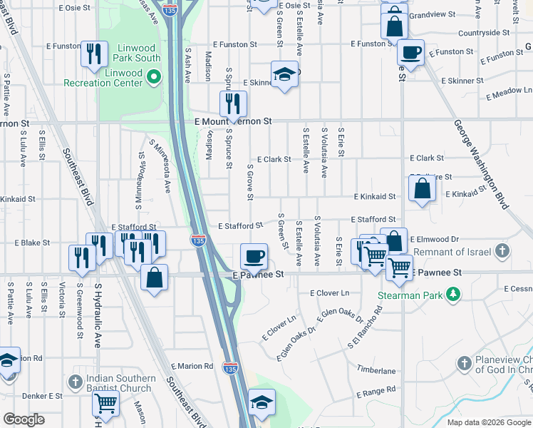 map of restaurants, bars, coffee shops, grocery stores, and more near 2215 South Green Street in Wichita