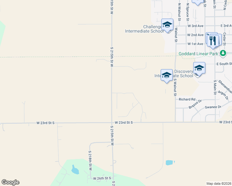 map of restaurants, bars, coffee shops, grocery stores, and more near 2011 South 215th Street West in Goddard