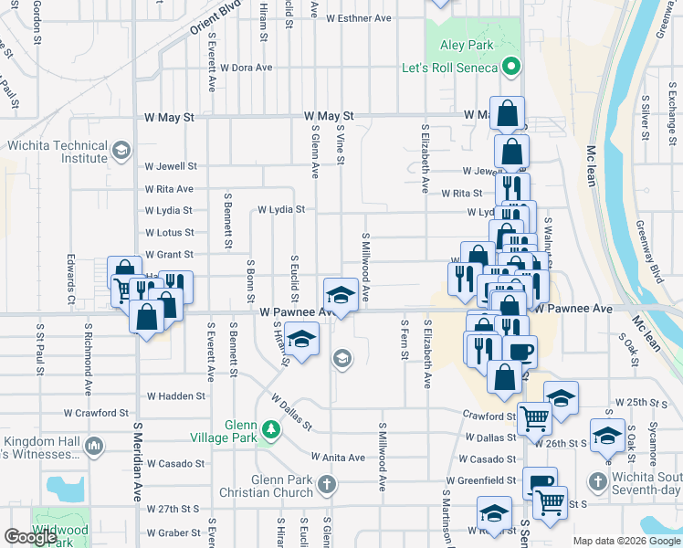 map of restaurants, bars, coffee shops, grocery stores, and more near 1800 Haskell Street in Wichita