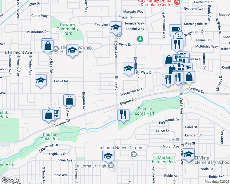 map of restaurants, bars, coffee shops, grocery stores, and more near 601 Rose Avenue in Modesto