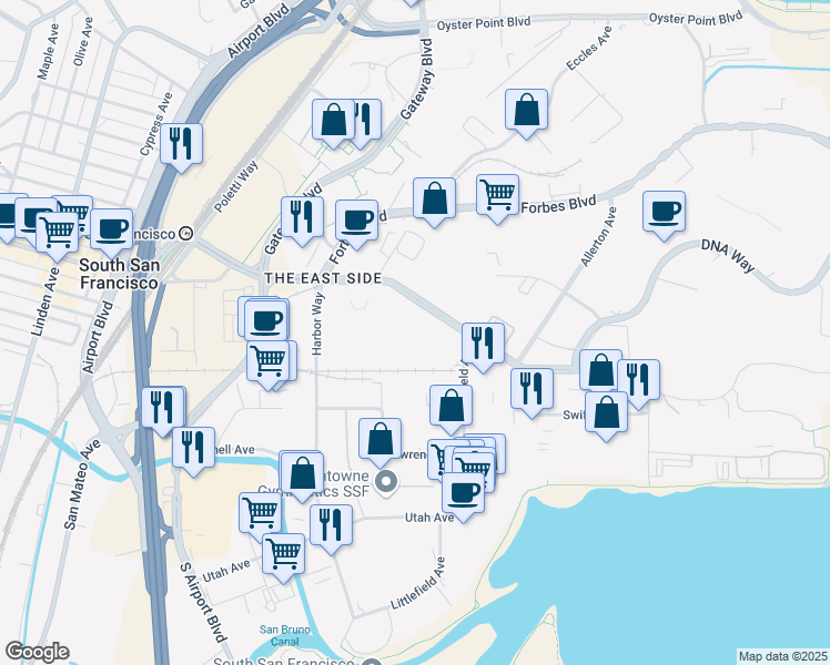 map of restaurants, bars, coffee shops, grocery stores, and more near 250 East Grand Avenue in South San Francisco