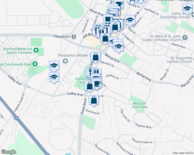 map of restaurants, bars, coffee shops, grocery stores, and more near 78 Mission Drive in Pleasanton