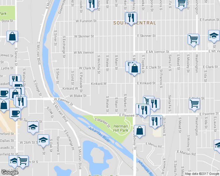 map of restaurants, bars, coffee shops, grocery stores, and more near 2216 South Water Street in Wichita