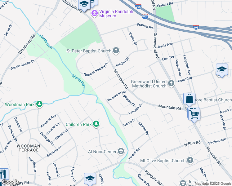 map of restaurants, bars, coffee shops, grocery stores, and more near 8008 Nicewood Road in Glen Allen