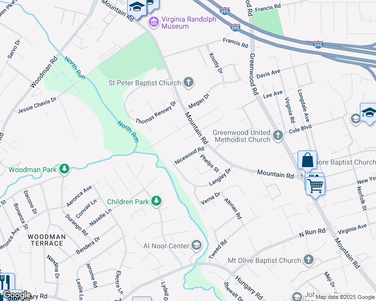 map of restaurants, bars, coffee shops, grocery stores, and more near 8008 Nicewood Road in Glen Allen