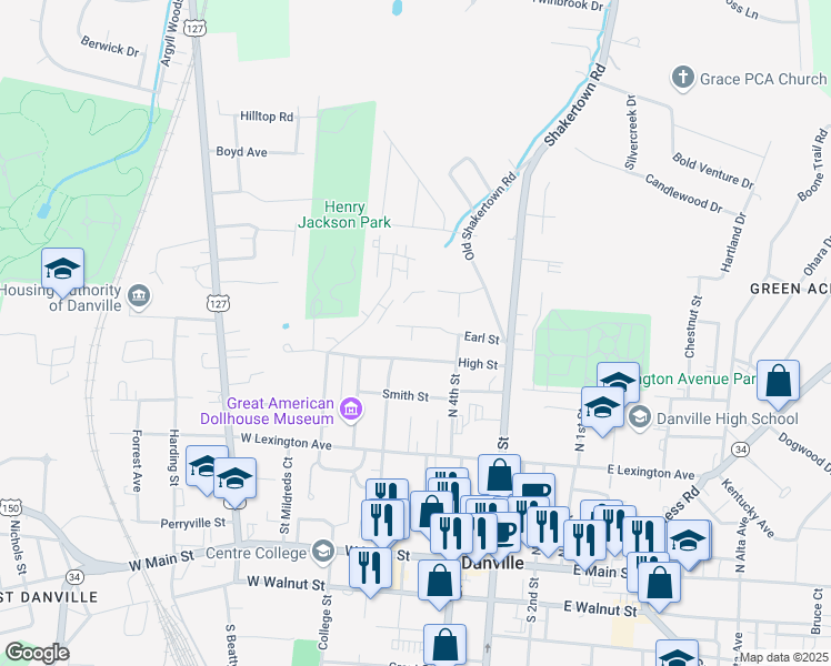map of restaurants, bars, coffee shops, grocery stores, and more near 420 Earl Street in Danville