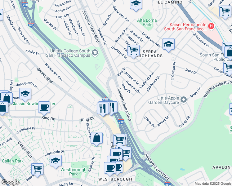 map of restaurants, bars, coffee shops, grocery stores, and more near 45 Hyde Court in Daly City