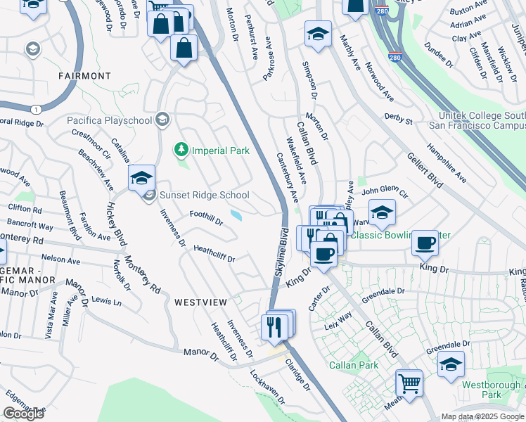 map of restaurants, bars, coffee shops, grocery stores, and more near 43 Timberhill Street in Pacifica