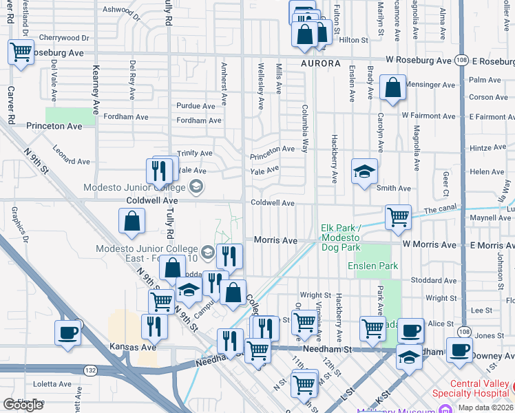 map of restaurants, bars, coffee shops, grocery stores, and more near 545 Myrtle Avenue in Modesto